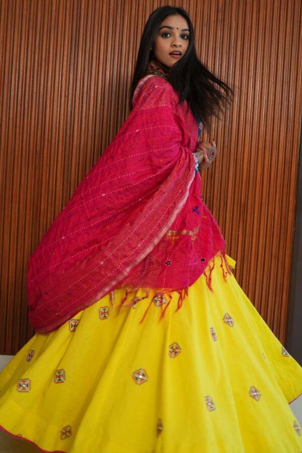 Jagruti Website 02-08 Turquoise V-Neck Blouse with Yellow Patchwork Skirt